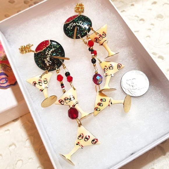 1989 Lunch at the Ritz MINT Martini Long Dangle Earrings - Picture 3 of 6